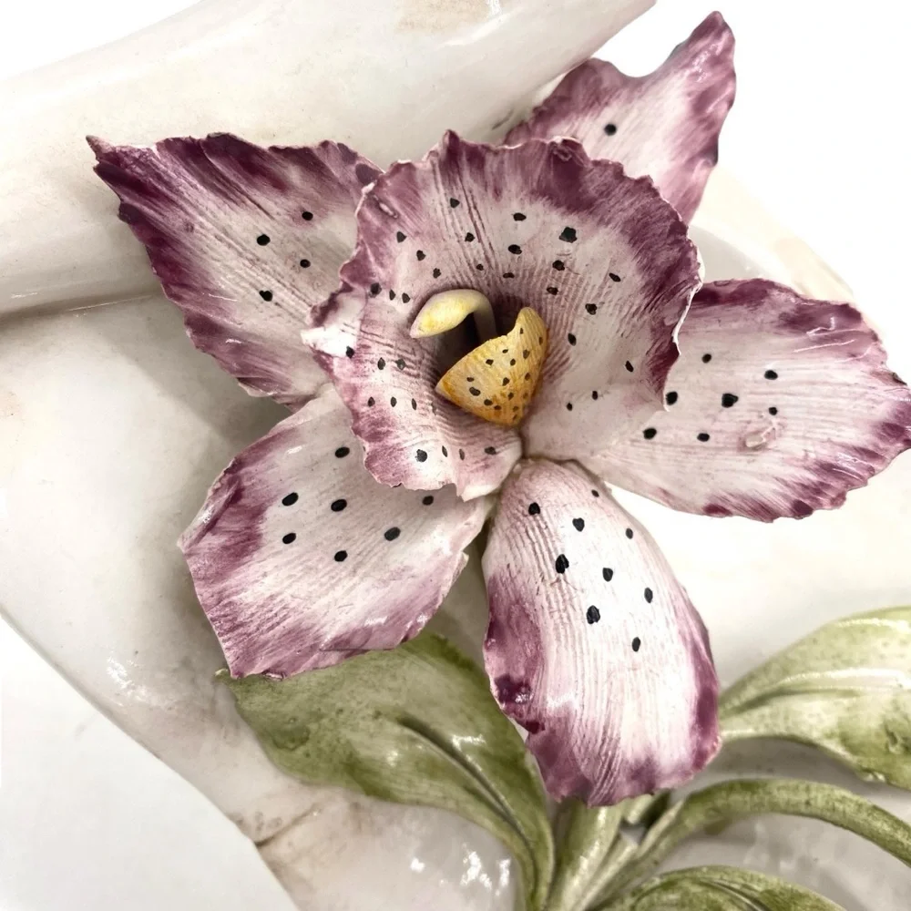 Antique Porcelain Capodimonte Floral Orchid Italian Scroll Vase